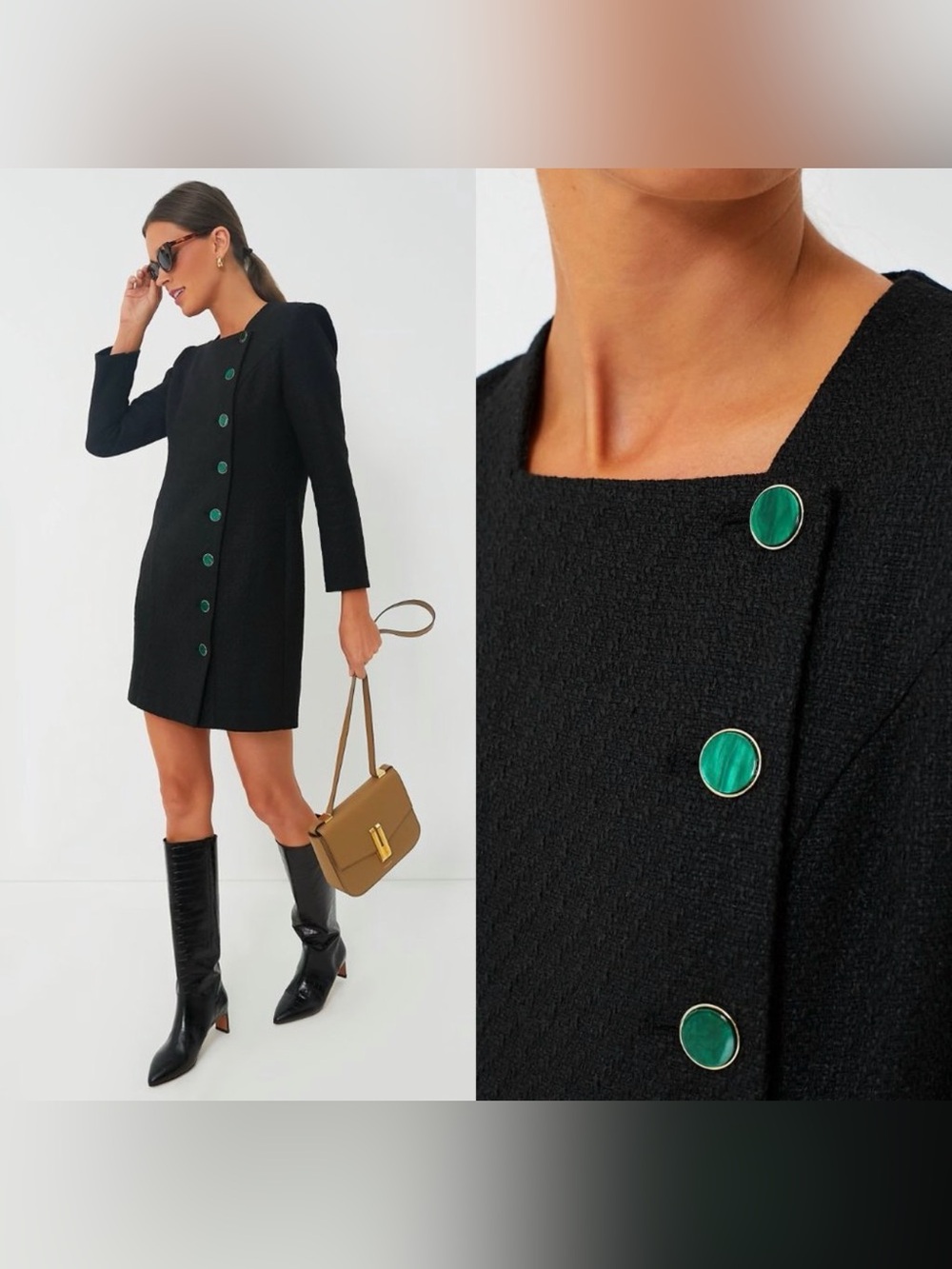 Pomander Place Black Mini Dress with Green Accent Buttons